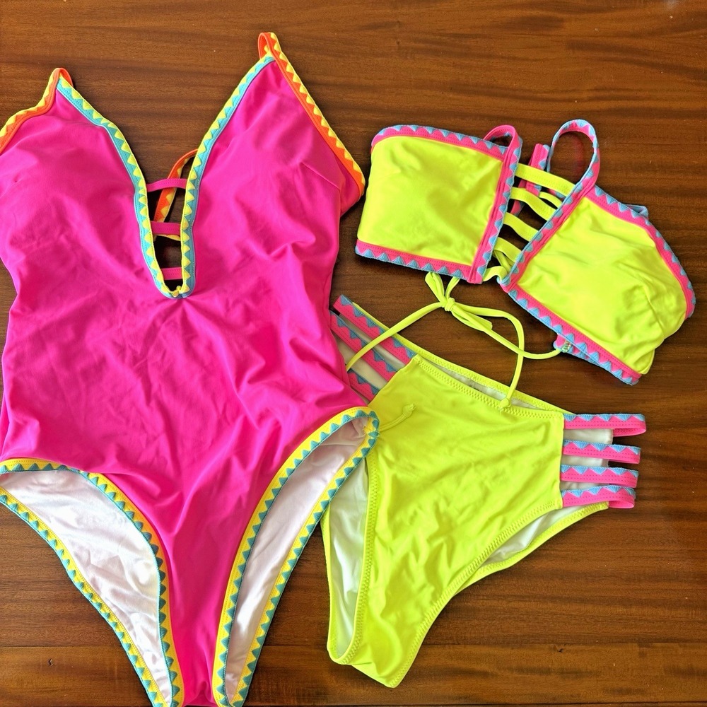 Popvil Lot of 2 Women's Small Neon Swimsuits One Piece & Bikini Pink Yellow 80's
